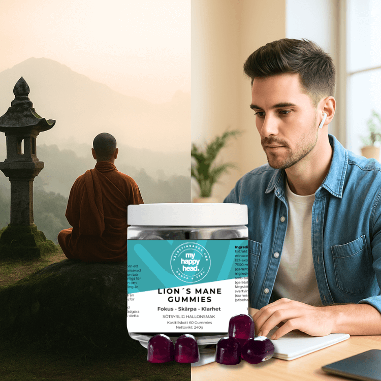 En ung man sitter och arbetar vid skrivbord, med en burk Lion’s Mane Gummies från My Happy Head och några gummies i förgrunden.
