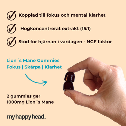 En hand som håller upp två Lion´s Mane gummies från My Happy Head, staplade på varann.